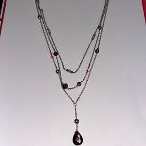 Beautiful vintage tri layer drop pendant faux amethyst stone necklace